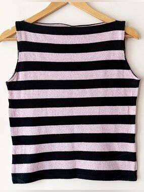 Y2K Glam Goth Hennes Metallic Pink and Black Striped Boatneck Top Size Medium